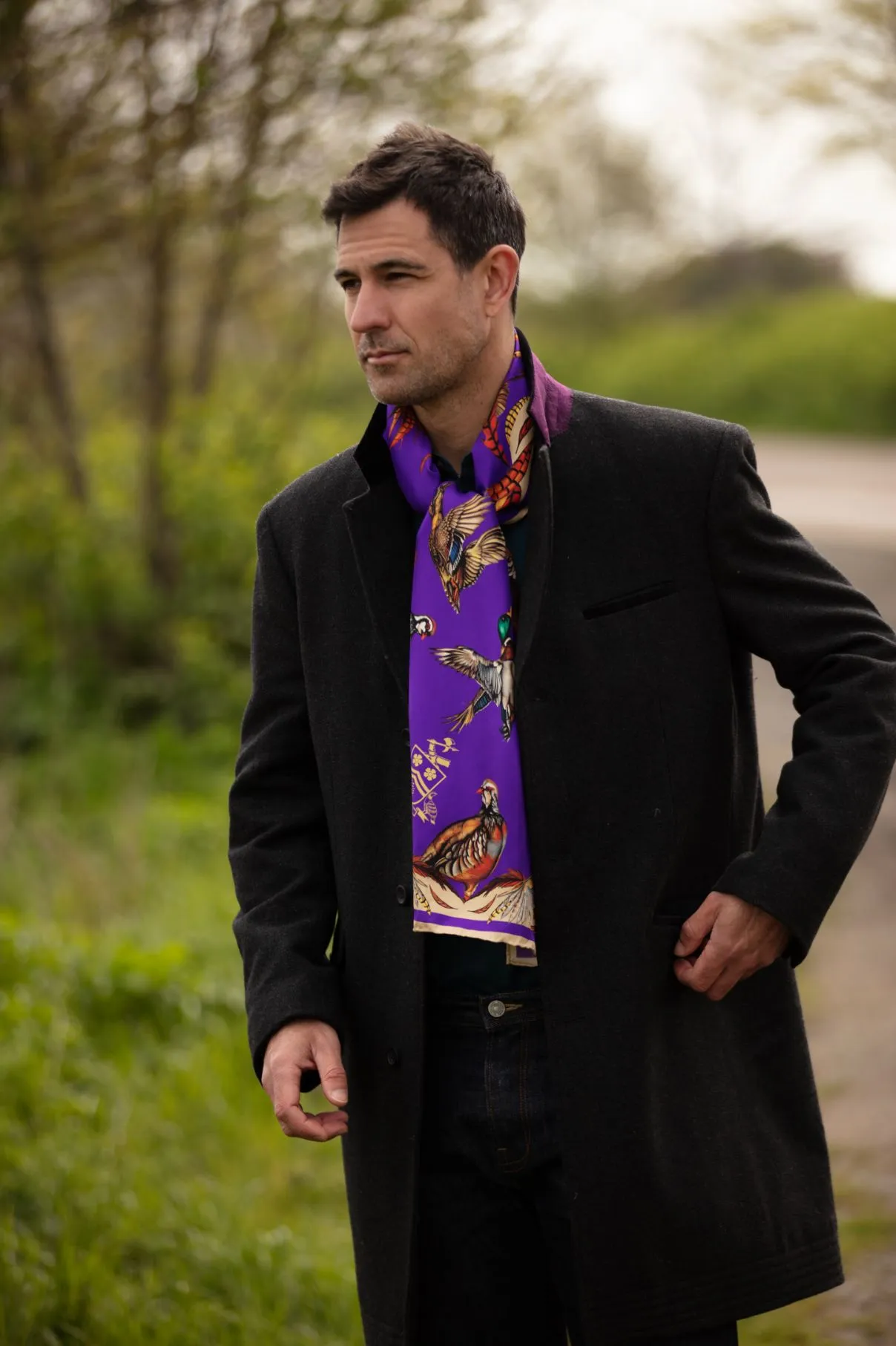 Clare Haggas Here Come The Boys Silk Game Scarf in Violet