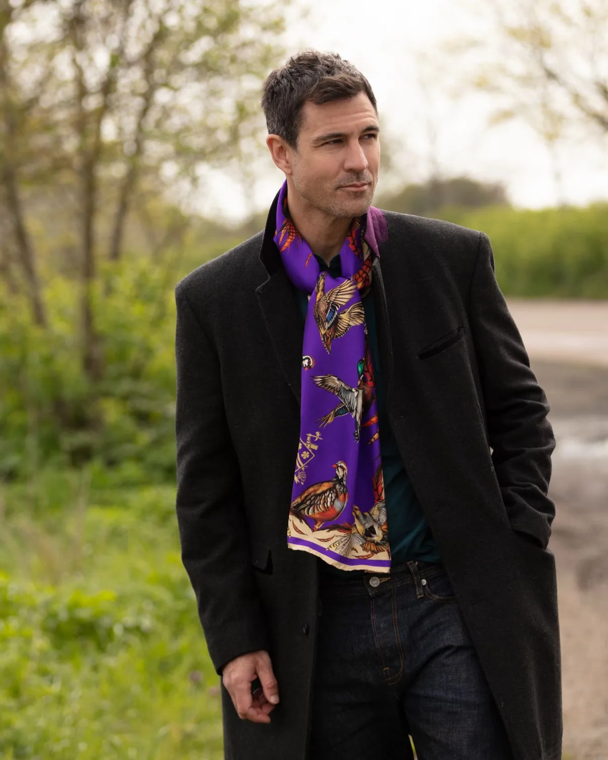 Clare Haggas Here Come The Boys Silk Game Scarf in Violet