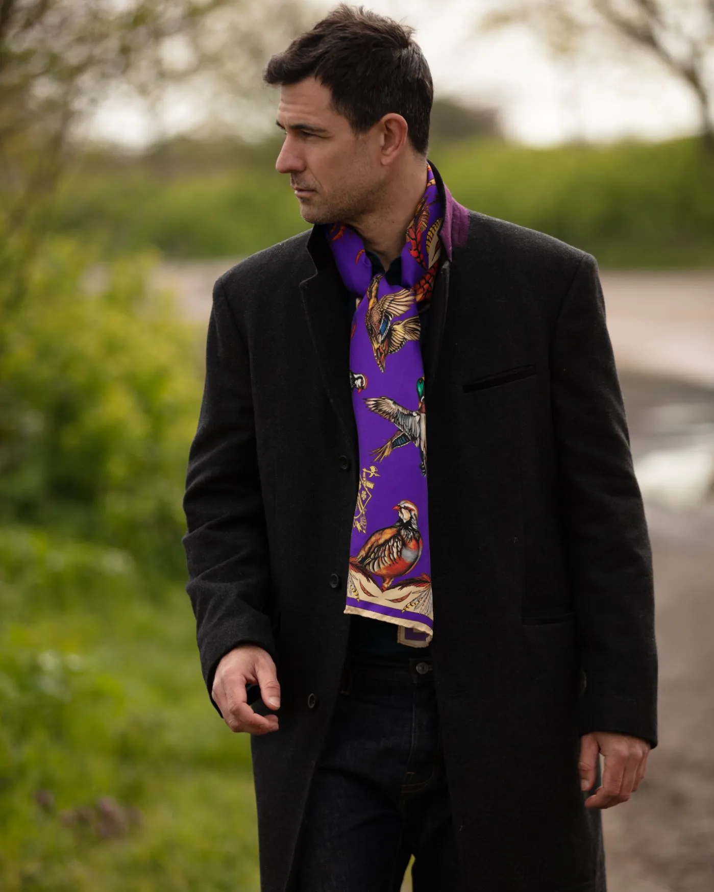 Clare Haggas Here Come The Boys Silk Game Scarf in Violet