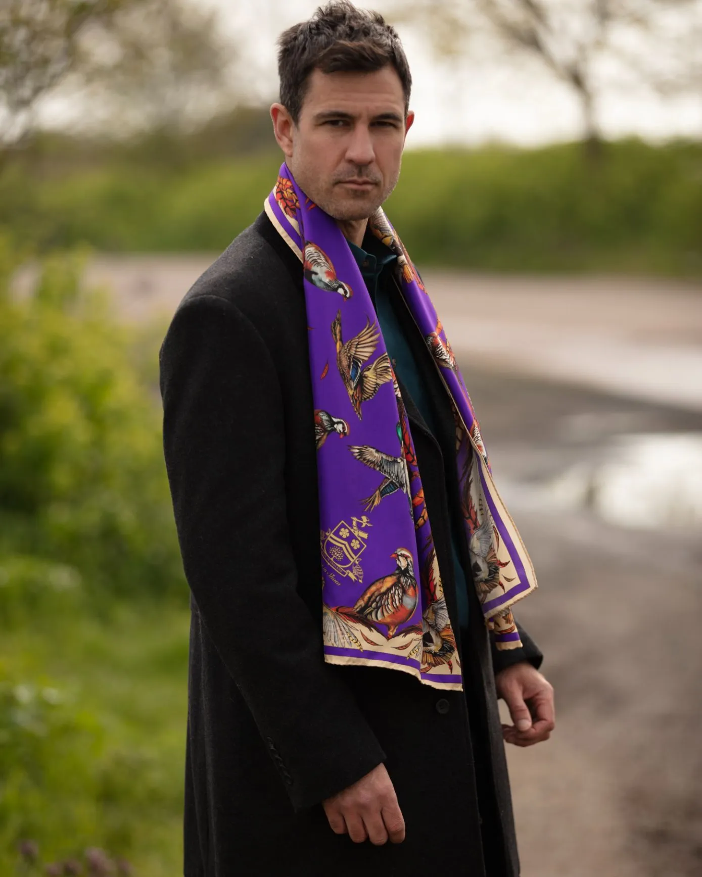 Clare Haggas Here Come The Boys Silk Game Scarf in Violet