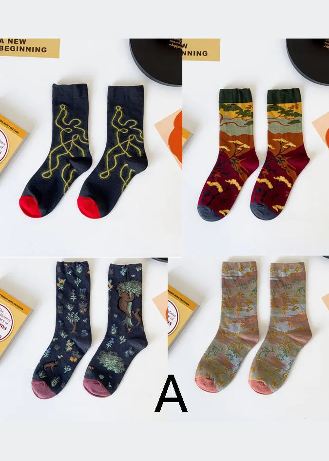 DIY retro Print Illustration Cotton Crew Socks