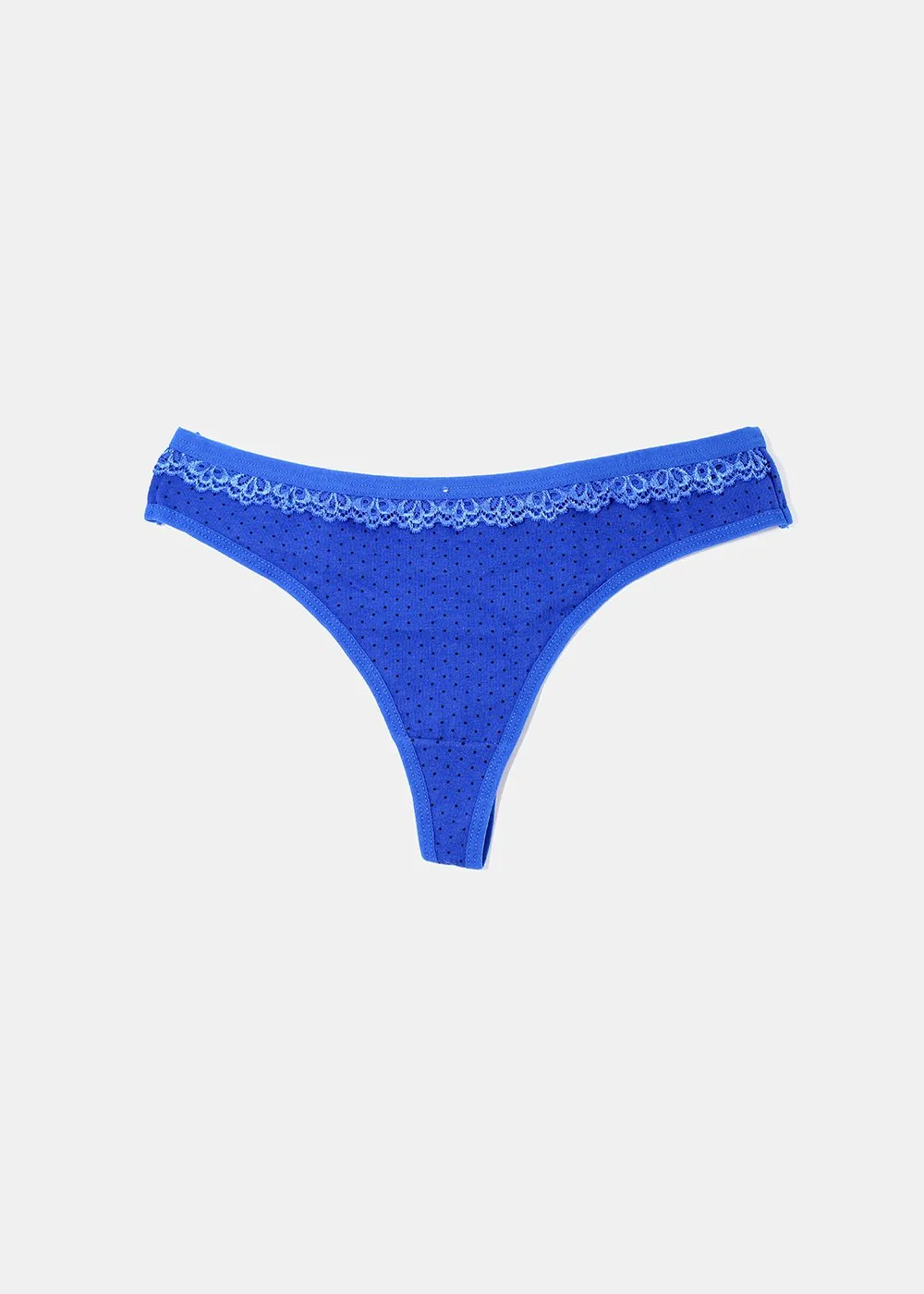 Dotted Lace Trim Thong Panty - Blue