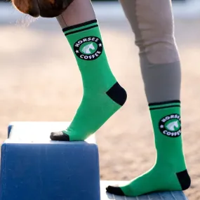 Dreamers & Schemers Horses and Coffee Crew Socks in Green - One Size