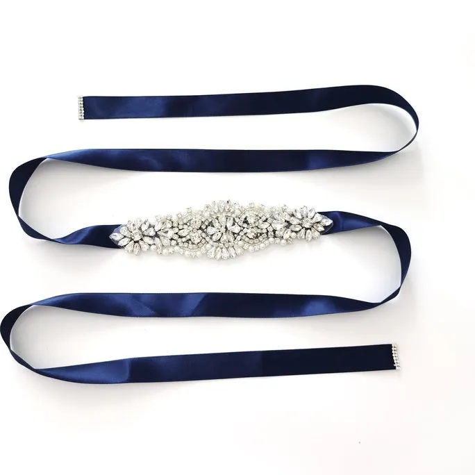 Girls Diamante Sash Belt - Navy Blue