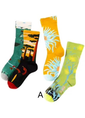 Modern Cartoon printing Jacquard Cotton Mid Calf Socks