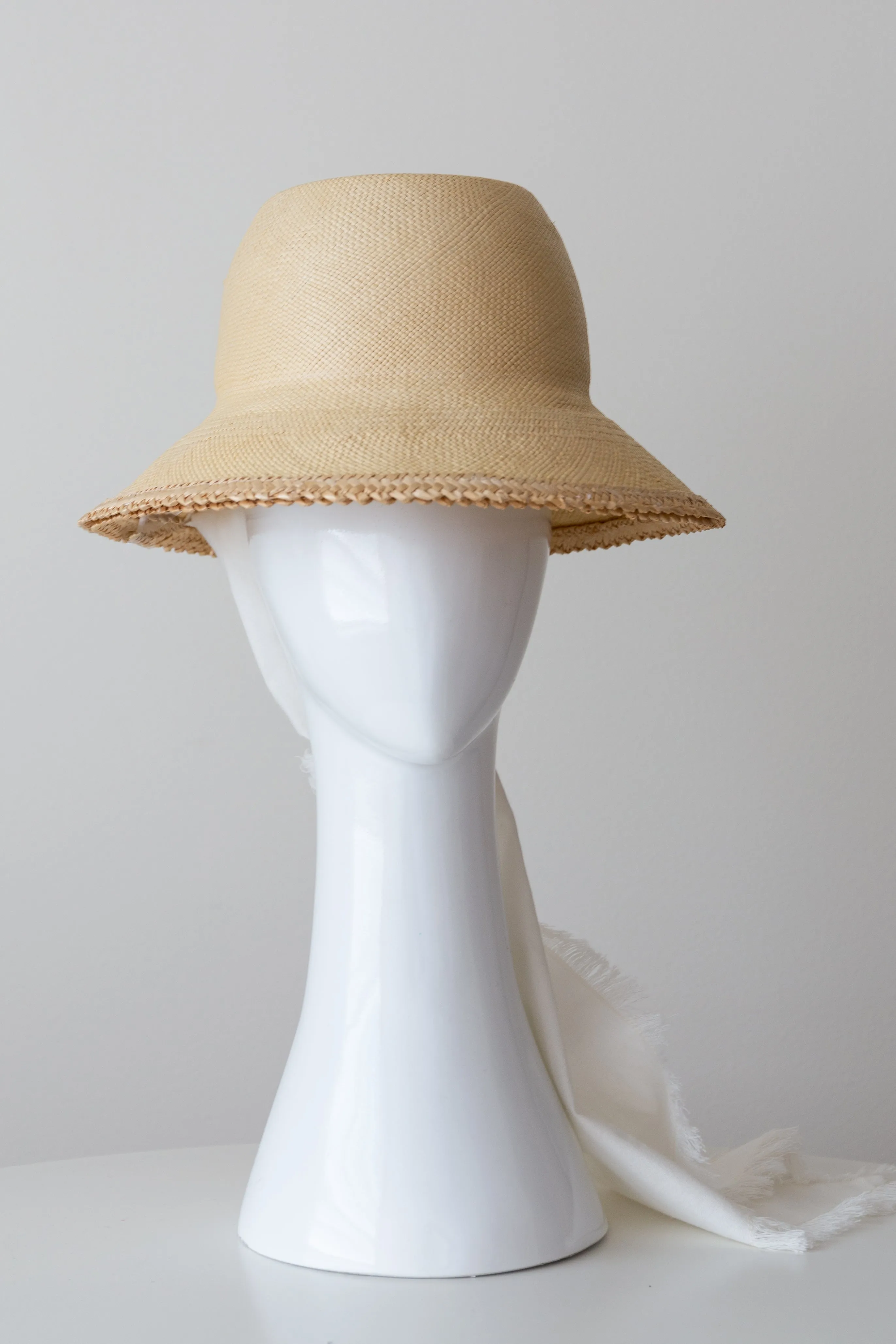 Panama Bucket Hat with Detachable Fringed Scarf