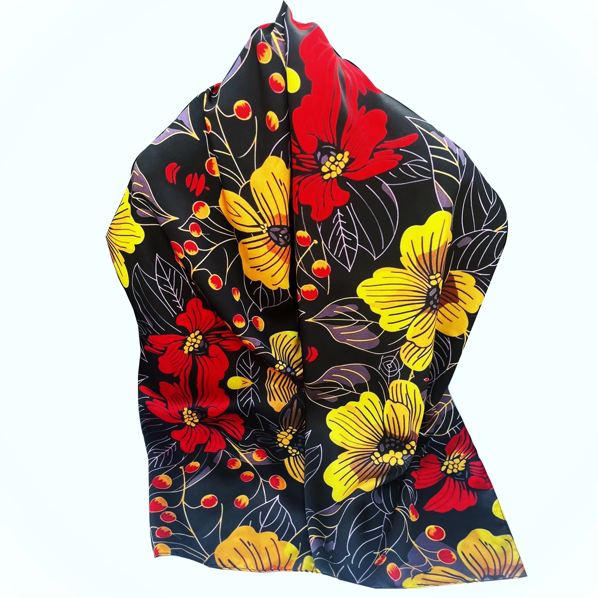 PREMIUM LUXURY PRINTED WOMEN HIJAB SCARF DUPATTA - RED & GOLD FLORALS ON BLACK BASE