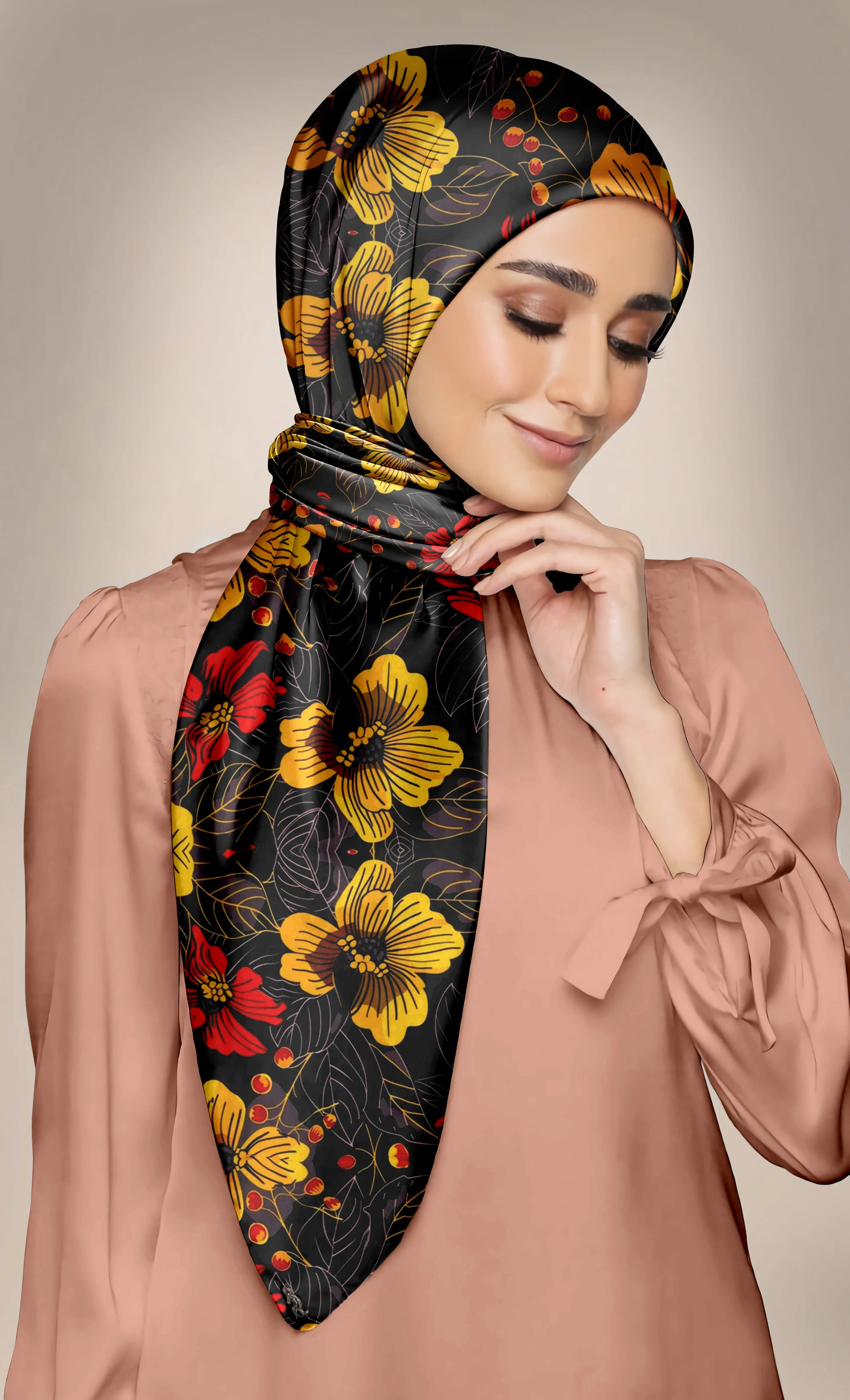 PREMIUM LUXURY PRINTED WOMEN HIJAB SCARF DUPATTA - RED & GOLD FLORALS ON BLACK BASE