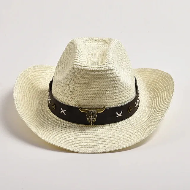 Straw Western Cowboy Hats with Metal Bull Head