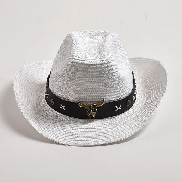 Straw Western Cowboy Hats with Metal Bull Head