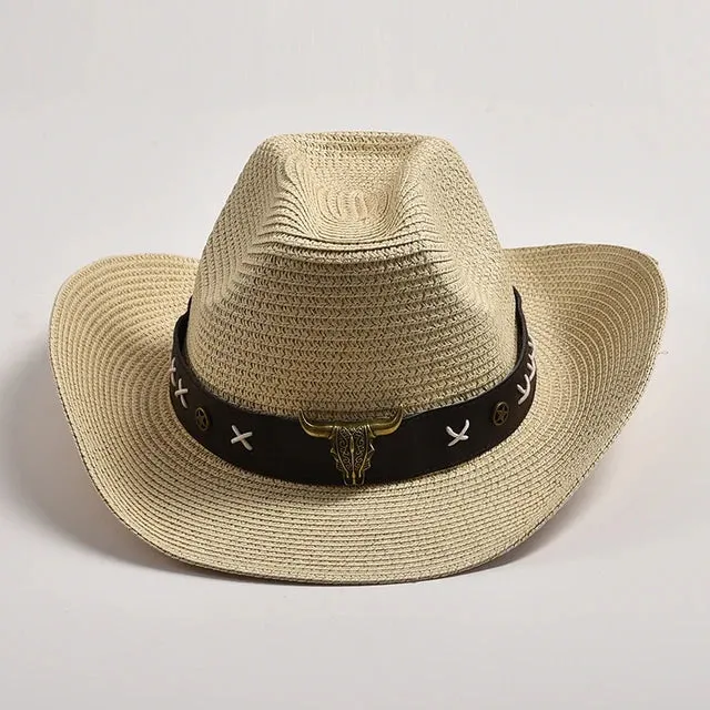 Straw Western Cowboy Hats with Metal Bull Head