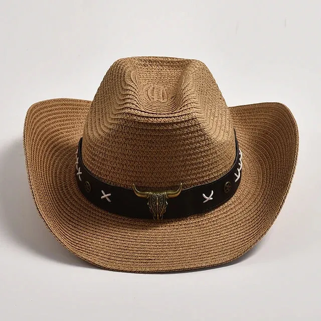 Straw Western Cowboy Hats with Metal Bull Head