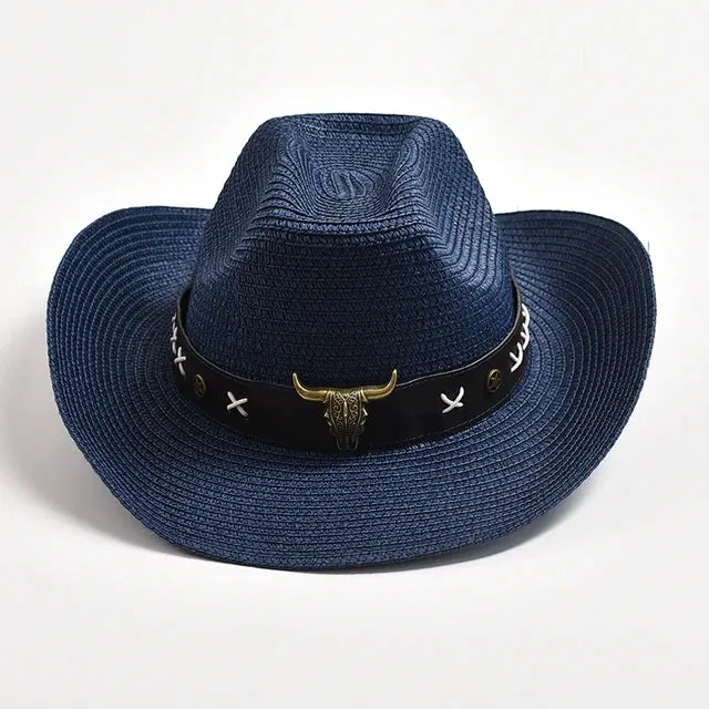 Straw Western Cowboy Hats with Metal Bull Head