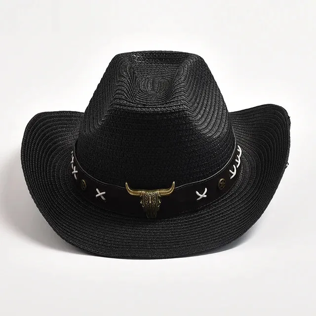 Straw Western Cowboy Hats with Metal Bull Head