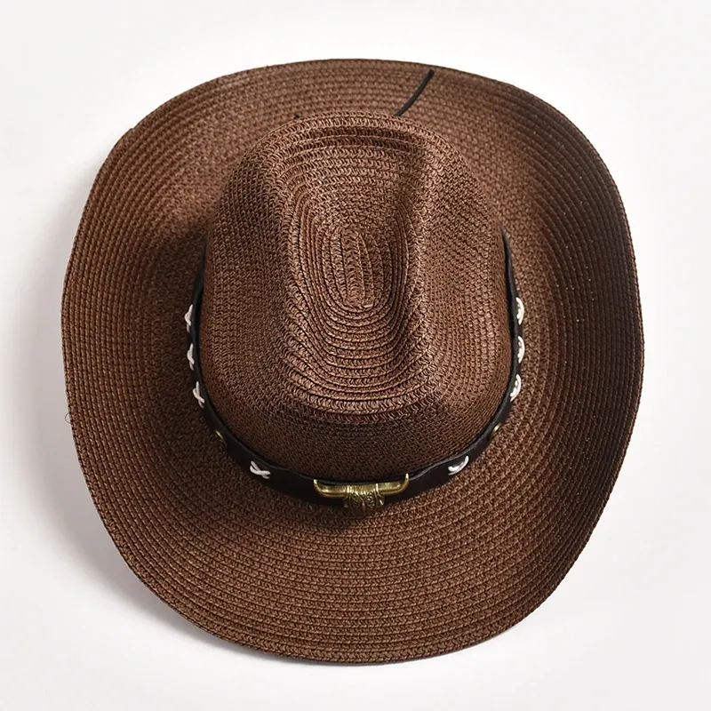 Straw Western Cowboy Hats with Metal Bull Head