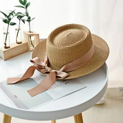 Summer Sun Hats Straw Hat Ribbon Bow Beach Hat Casual Straw Flat Top