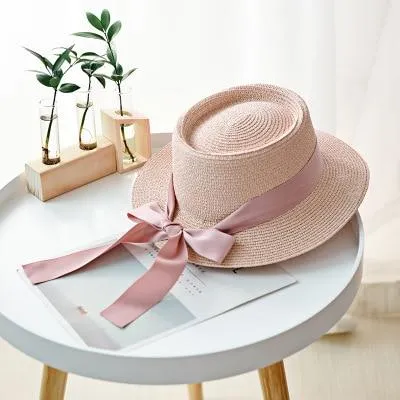 Summer Sun Hats Straw Hat Ribbon Bow Beach Hat Casual Straw Flat Top