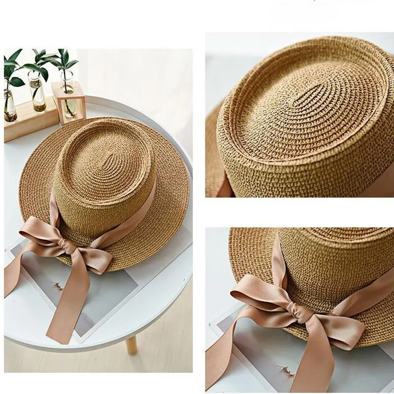 Summer Sun Hats Straw Hat Ribbon Bow Beach Hat Casual Straw Flat Top