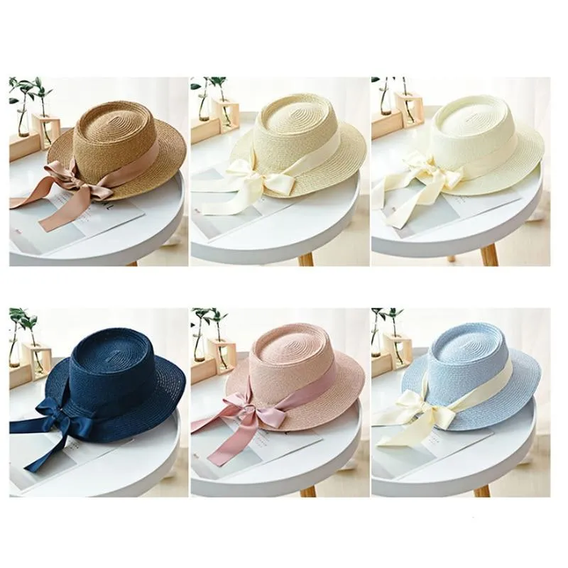 Summer Sun Hats Straw Hat Ribbon Bow Beach Hat Casual Straw Flat Top