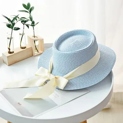 Summer Sun Hats Straw Hat Ribbon Bow Beach Hat Casual Straw Flat Top