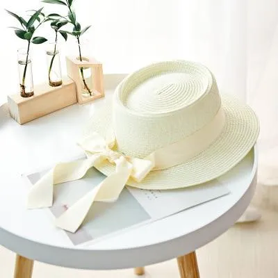 Summer Sun Hats Straw Hat Ribbon Bow Beach Hat Casual Straw Flat Top