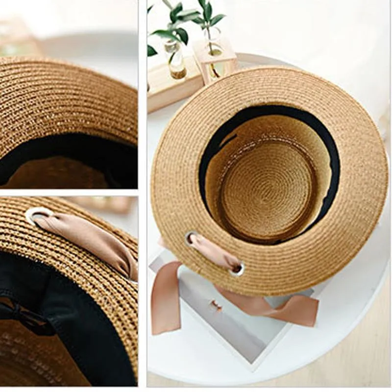 Summer Sun Hats Straw Hat Ribbon Bow Beach Hat Casual Straw Flat Top