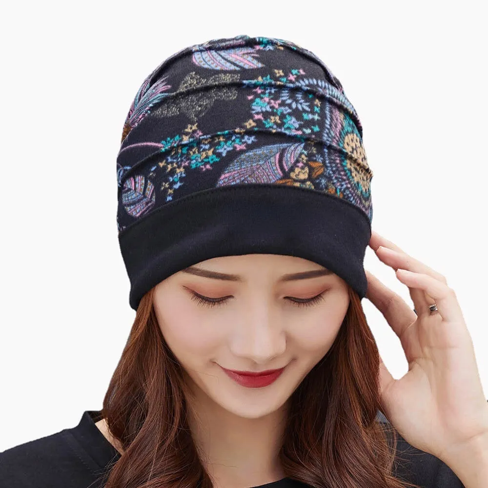 Women Cotton Floral Pattern Casual Fashion Breathable Outdoor Pleats Keep Warm Turban Beanie