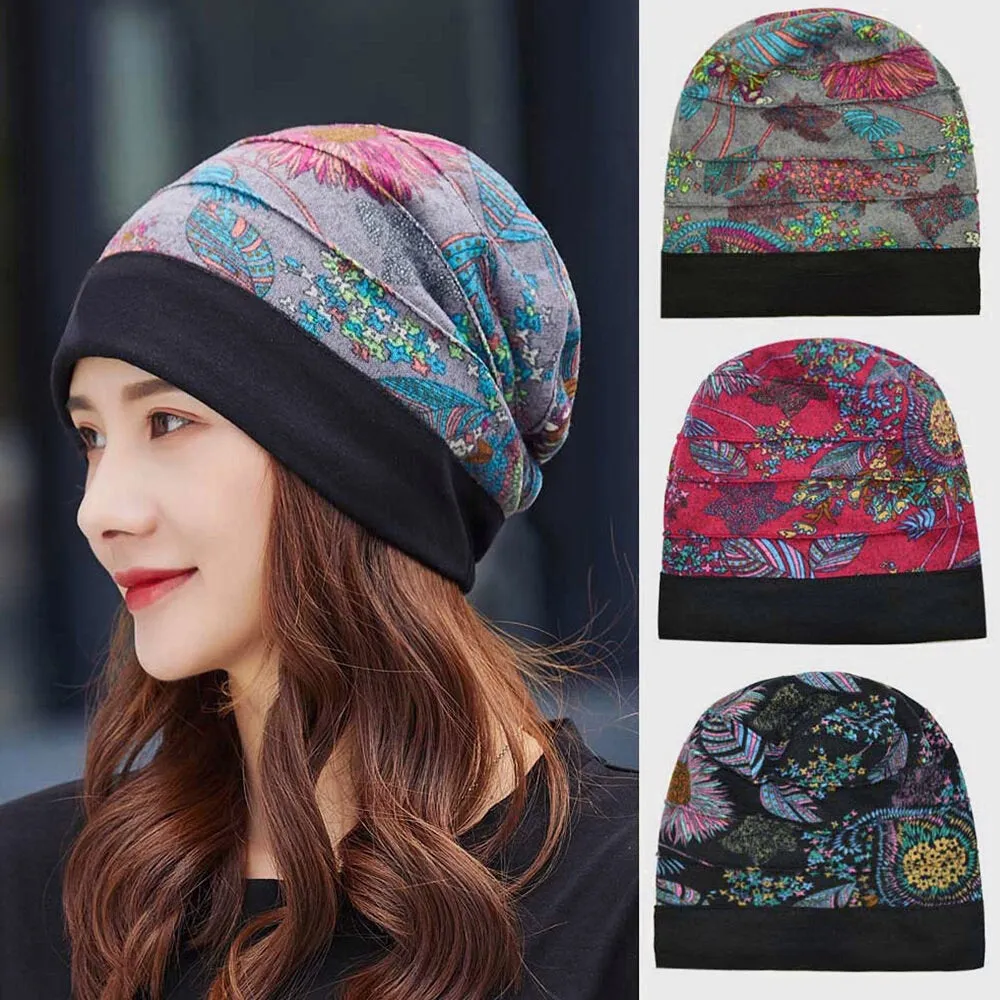 Women Cotton Floral Pattern Casual Fashion Breathable Outdoor Pleats Keep Warm Turban Beanie