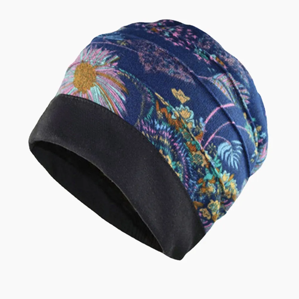 Women Cotton Floral Pattern Casual Fashion Breathable Outdoor Pleats Keep Warm Turban Beanie