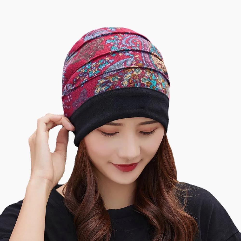 Women Cotton Floral Pattern Casual Fashion Breathable Outdoor Pleats Keep Warm Turban Beanie