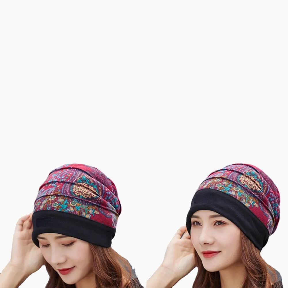 Women Cotton Floral Pattern Casual Fashion Breathable Outdoor Pleats Keep Warm Turban Beanie